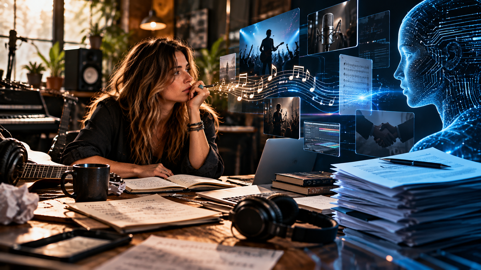 Songwriter working in a professional recording studio as artificial intelligence and music licensing reshape the business behind songwriting.