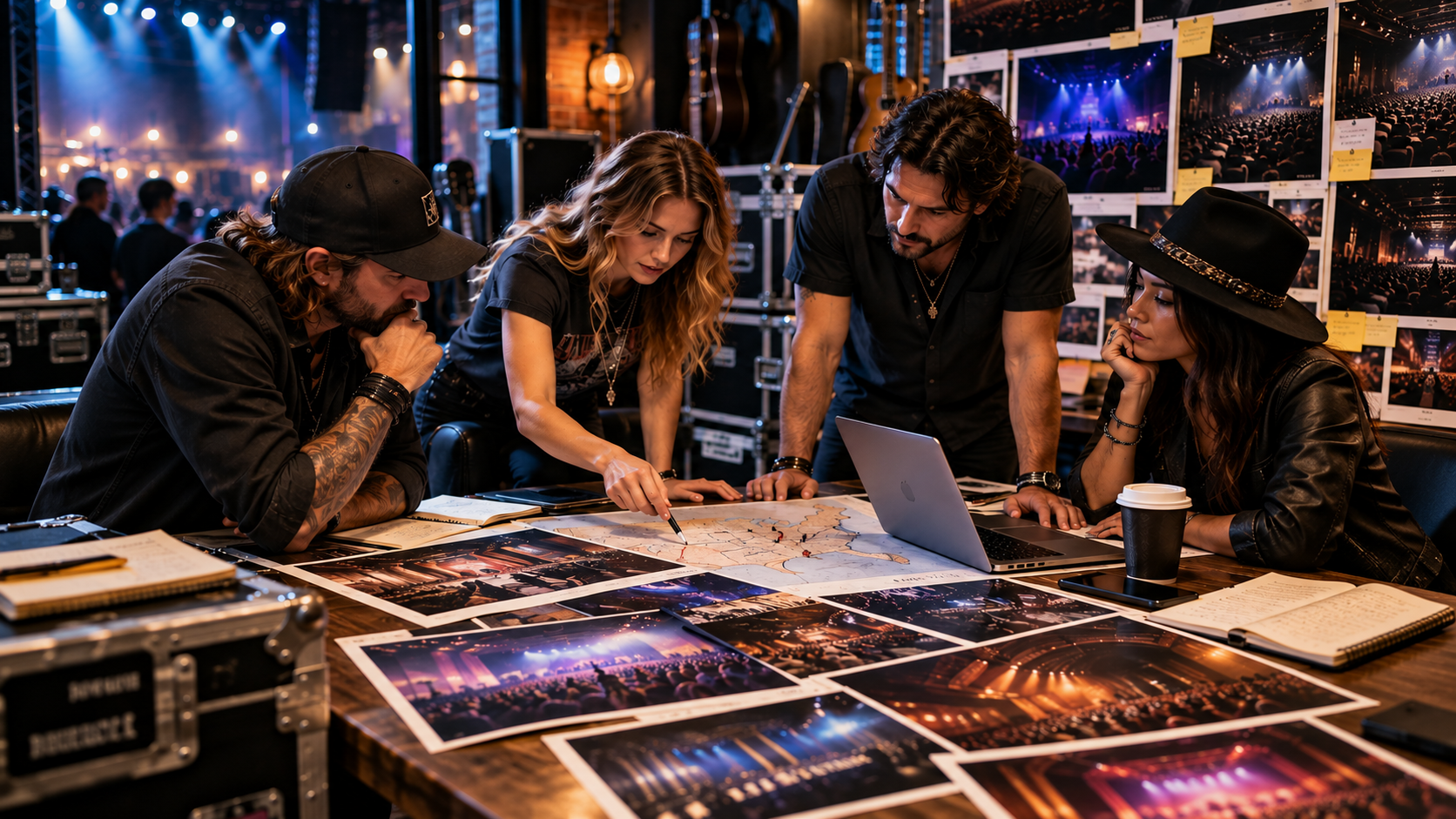 Music industry professionals planning an artist tour, reviewing venue options, concert routing and live fan experiences.