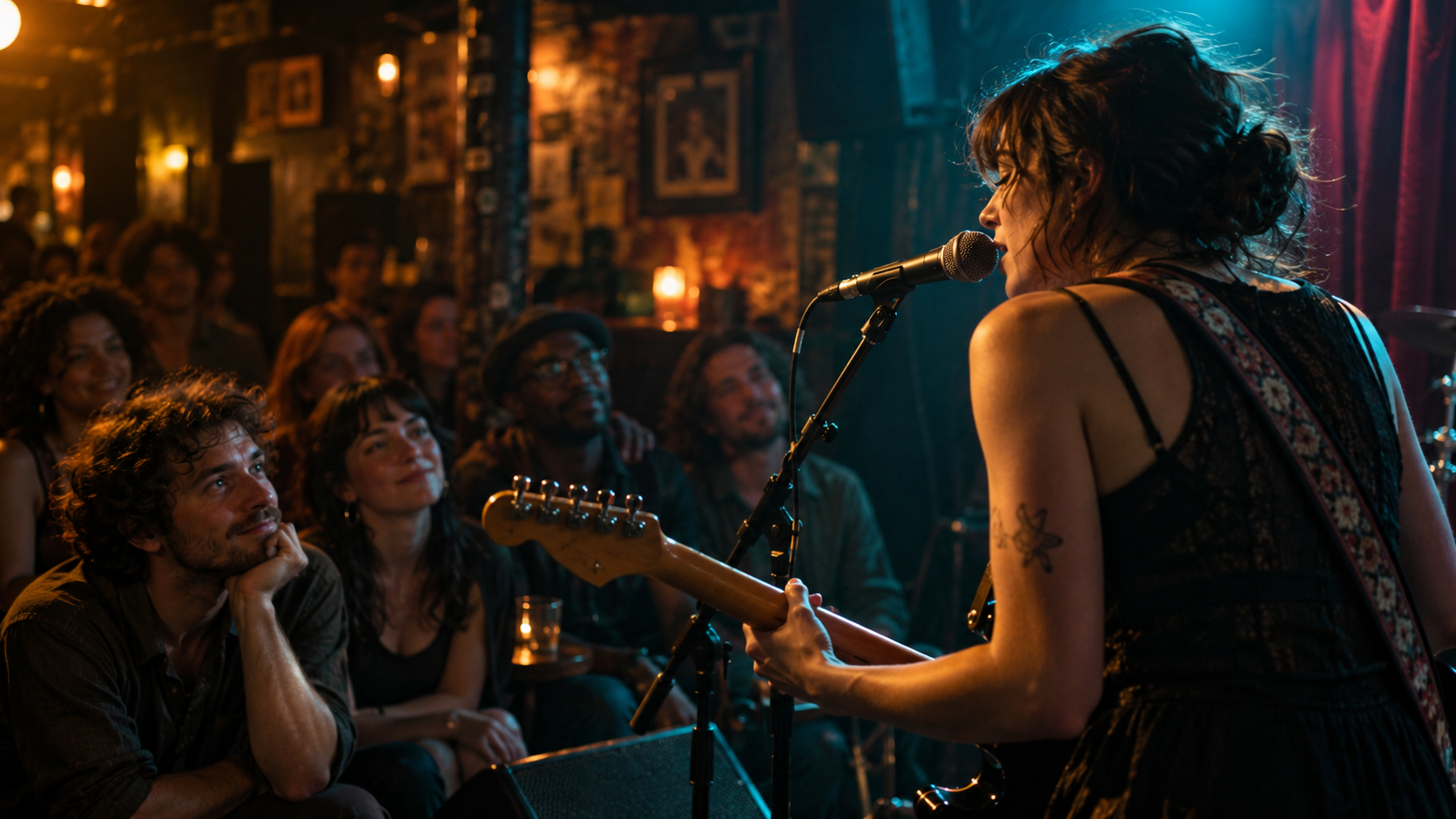 Original artist performing live as an attentive audience discovers the music.