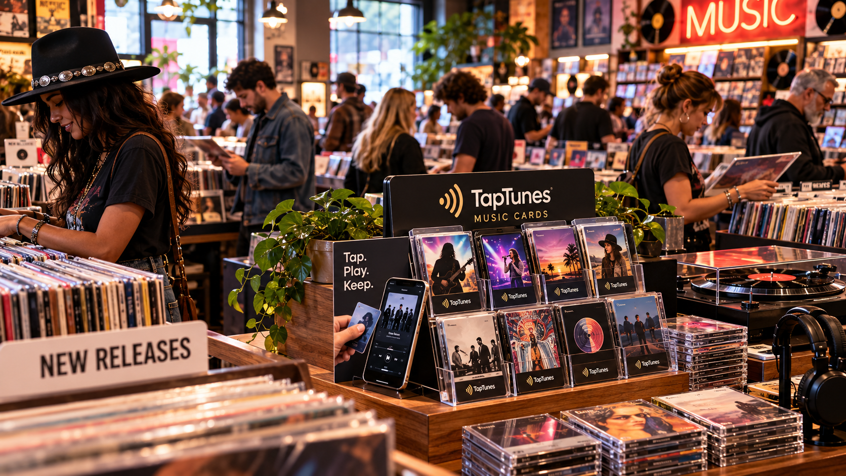 Vinyl records, CDs and modern physical music formats representing the continued growth of physical music in 2026.