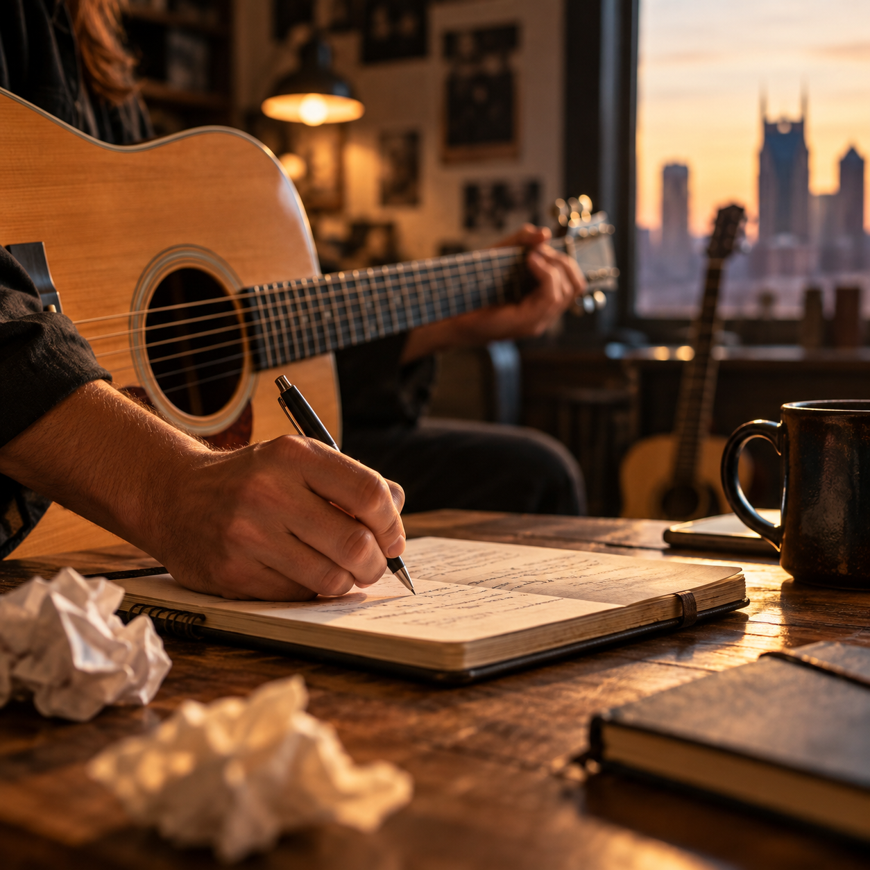 Nashville songwriter crafting a song, capturing the art and creative process of songwriting.