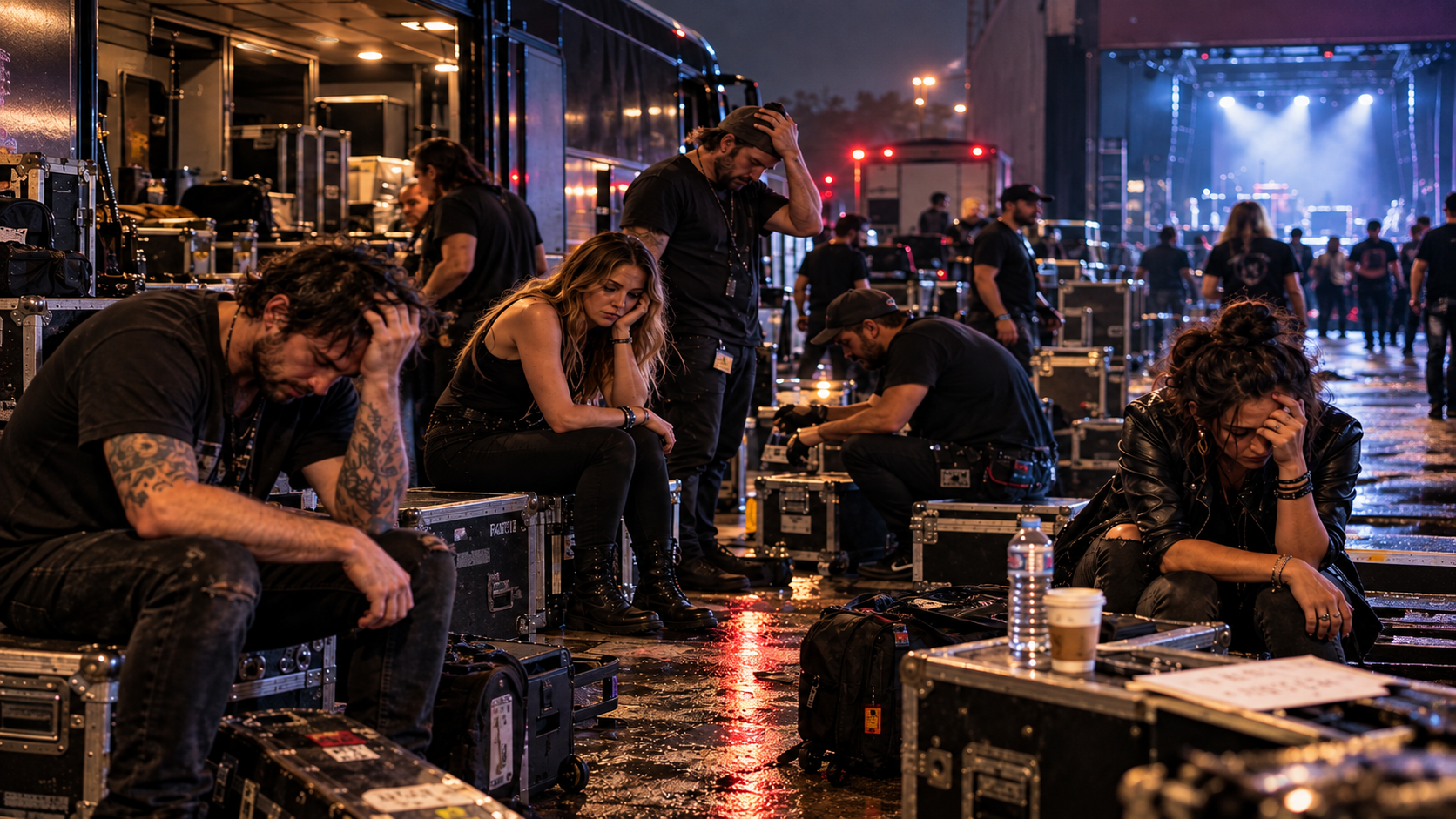 Musicians and touring crew behind the scenes on the road surrounded by equipment and road cases after a live performance.