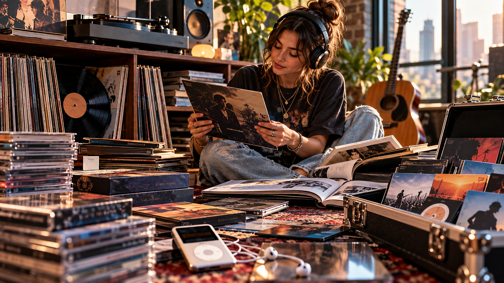 Physical music formats and modern connected media representing the evolving relationship between streaming, ownership and music collecting.
